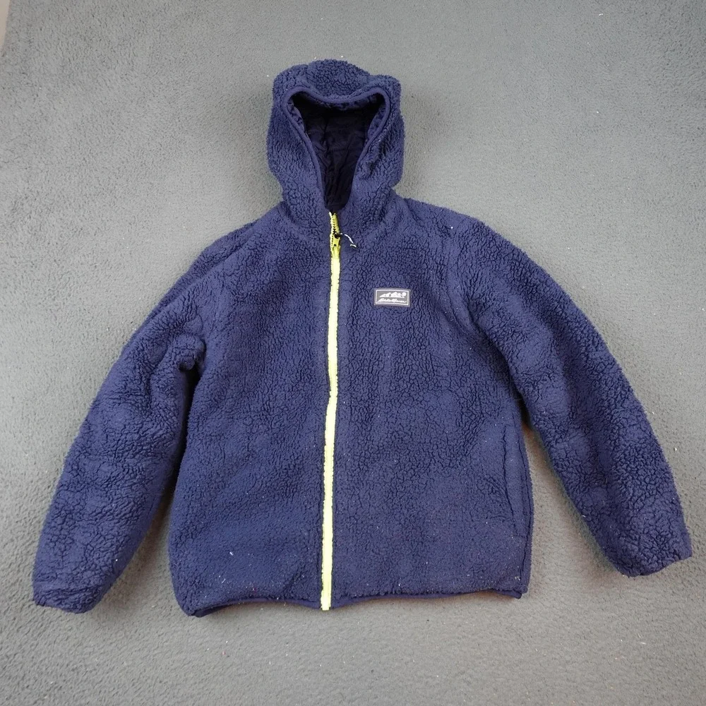 Eddie Bauer Jacket Kids Medium 10/12 Blue Reversible Hooded Sherpa Puffer